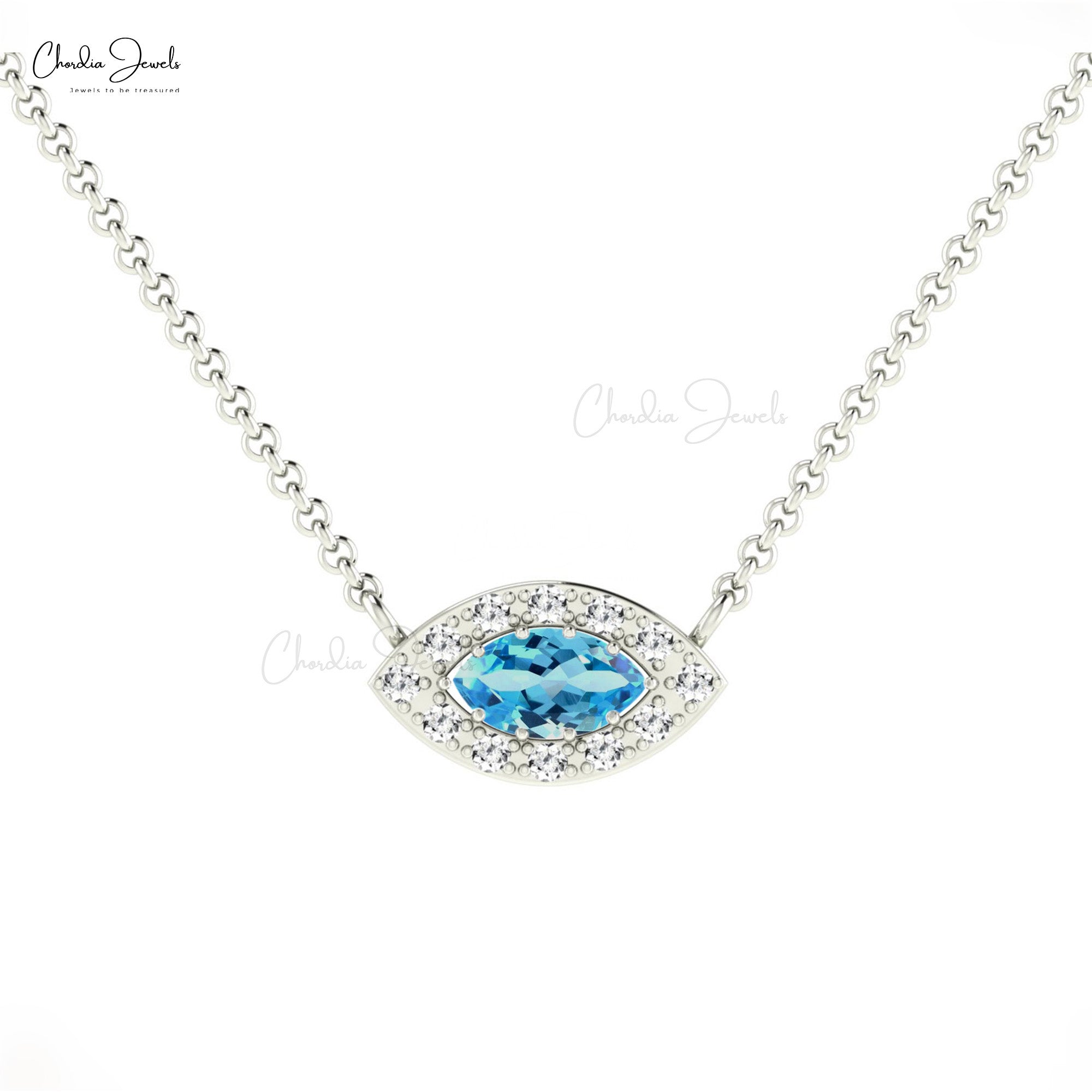 Halo Diamond Charm In 14k Pure Gold Swiss Blue Topaz 0.17 Ct Gemstone Chain Necklace