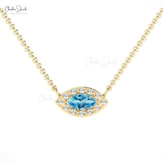 Halo Diamond Charm In 14k Pure Gold Swiss Blue Topaz 0.17 Ct Gemstone Chain Necklace