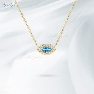 Halo Diamond Charm In 14k Pure Gold Swiss Blue Topaz 0.17 Ct Gemstone Chain Necklace