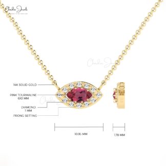 Genuine Pink Tourmaline Diamond Halo Necklace In 14k Solid Gold