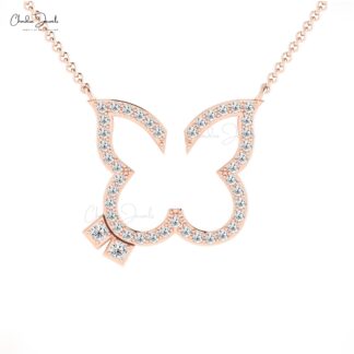 Open Butterfly 0.39 Round Diamond Solid 14k Gold Dainty Chain Necklace For Her