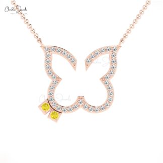 Open Butterfly Dainty Necklace In 14k Pure Gold Yellow Sapphire And Pave Diamond Jewelry
