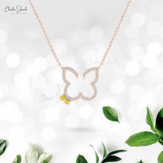 Open Butterfly Dainty Necklace In 14k Pure Gold Yellow Sapphire And Pave Diamond Jewelry
