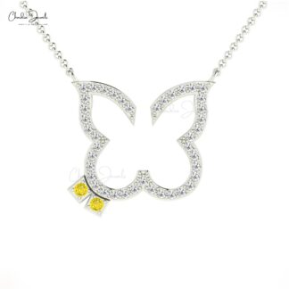 Open Butterfly Dainty Necklace In 14k Pure Gold Yellow Sapphire And Pave Diamond Jewelry