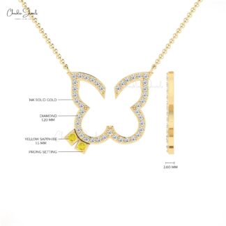 Open Butterfly Dainty Necklace In 14k Pure Gold Yellow Sapphire And Pave Diamond Jewelry