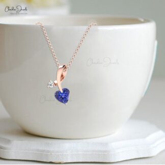 Heart Cut Curved Pendant In 14k Real Gold Tanzanite 5mm Gemstone And Diamond Necklace