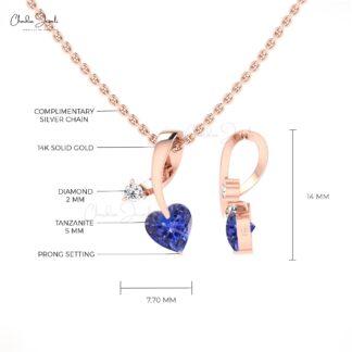 Heart Cut Curved Pendant In 14k Real Gold Tanzanite 5mm Gemstone And Diamond Necklace