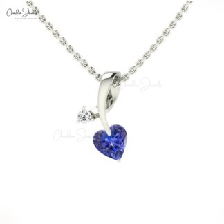 Heart Cut Curved Pendant In 14k Real Gold Tanzanite 5mm Gemstone And Diamond Necklace