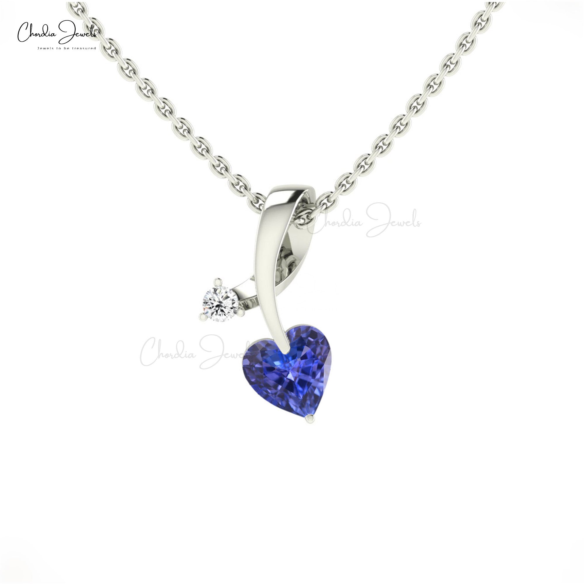 Heart Cut Curved Pendant In 14k Real Gold Tanzanite 5mm Gemstone And Diamond Necklace