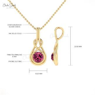 Infinity Round Cut Pendant In 14k Pure Gold Pink Tourmaline October Birthstone Necklaces