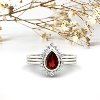 Natural Red Garnet Three Band Ring In 14k Solid Gold Diamond Halo Wedding Rings