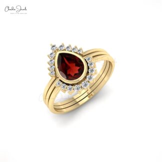 Natural Red Garnet Three Band Ring In 14k Solid Gold Diamond Halo Wedding Rings