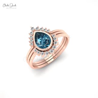 Natural London Blue Topaz Stackable Ring In 14k Real Gold Diamond Halo Wedding Rings