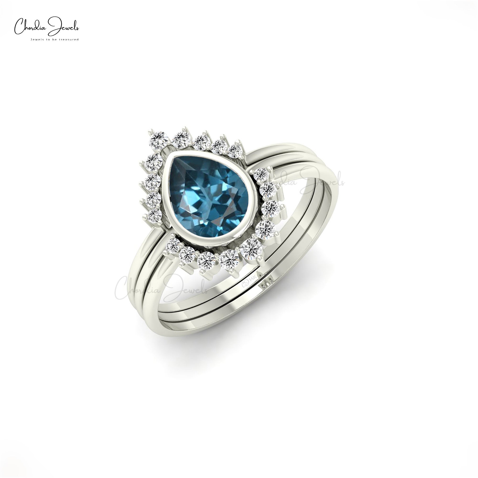 Natural London Blue Topaz Stackable Ring In 14k Real Gold Diamond Halo Wedding Rings