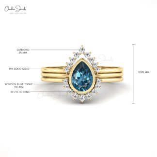 Natural London Blue Topaz Stackable Ring In 14k Real Gold Diamond Halo Wedding Rings