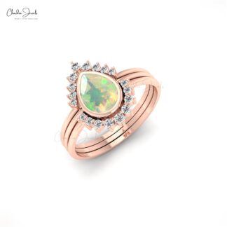 Pear Shape Opal Stacking Ring In 14k Real Gold Diamond And Gemstone Fine Jewelry