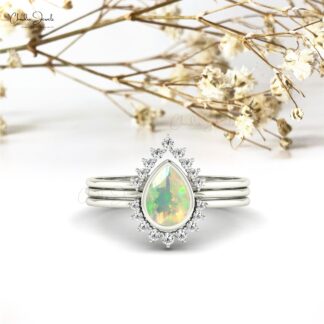 Pear Shape Opal Stacking Ring In 14k Real Gold Diamond And Gemstone Fine Jewelry