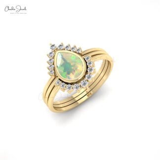 Pear Shape Opal Stacking Ring In 14k Real Gold Diamond And Gemstone Fine Jewelry