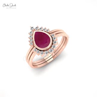Pear Cut Stackable Halo Ring In 14k Real Gold Ruby 0.72 Ct Gemstone And Diamond Ring