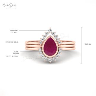Pear Cut Stackable Halo Ring In 14k Real Gold Ruby 0.72 Ct Gemstone And Diamond Ring