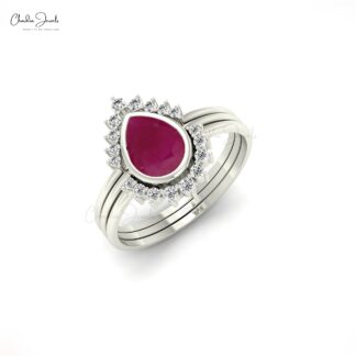 Pear Cut Stackable Halo Ring In 14k Real Gold Ruby 0.72 Ct Gemstone And Diamond Ring