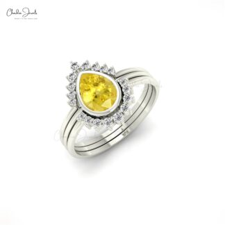 Halo Triple Band Ring with 0.72 Ct Yellow Sapphire & Diamond Stack Ring In 14k Real Gold