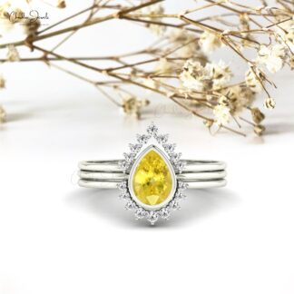 Halo Triple Band Ring with 0.72 Ct Yellow Sapphire & Diamond Stack Ring In 14k Real Gold