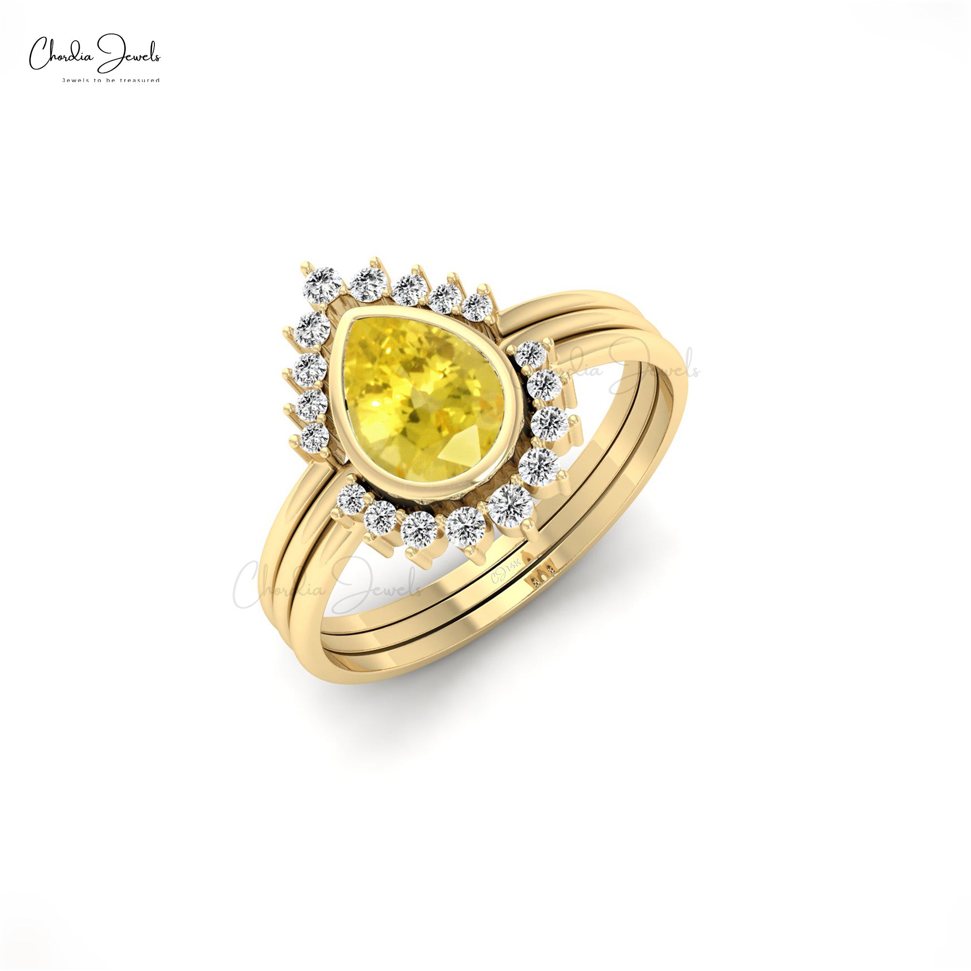 Halo Triple Band Ring with 0.72 Ct Yellow Sapphire & Diamond Stack Ring In 14k Real Gold