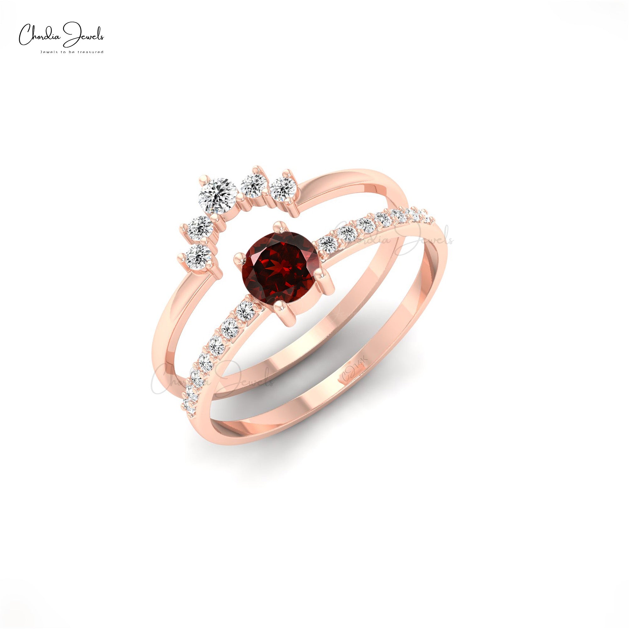 Pure 14k Gold Dual Band In 0.23 Red Garnet January Birthstone Chevron Diamond Women Ring