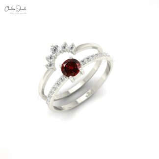 Pure 14k Gold Dual Band In 0.23 Red Garnet January Birthstone Chevron Diamond Women Ring
