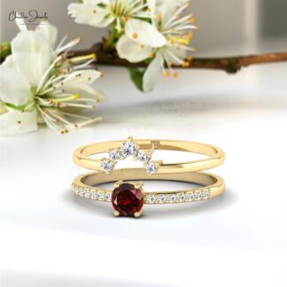Pure 14k Gold Dual Band In 0.23 Red Garnet January Birthstone Chevron Diamond Women Ring