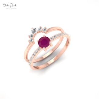 Genuine Burma Ruby And Diamond Stackable 14k Solid Gold Dual Band Ring For Her