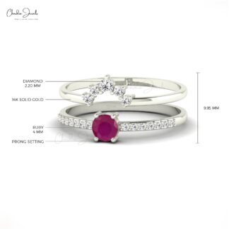 Genuine Burma Ruby And Diamond Stackable 14k Solid Gold Dual Band Ring For Her