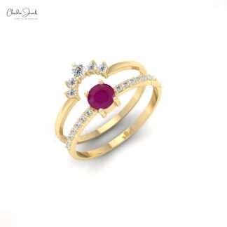 Genuine Burma Ruby And Diamond Stackable 14k Solid Gold Dual Band Ring For Her