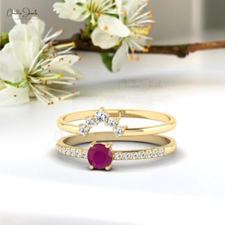 Genuine Burma Ruby And Diamond Stackable 14k Solid Gold Dual Band Ring For Her