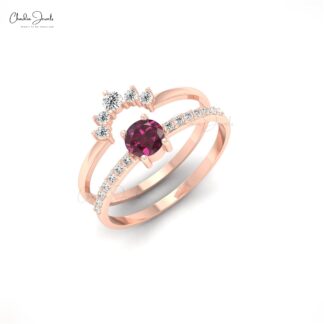 Diamond Dual Band With 4mm Brilliant Cut Rhodolite Garnet Ring In 14k Solid Gold Jewelry