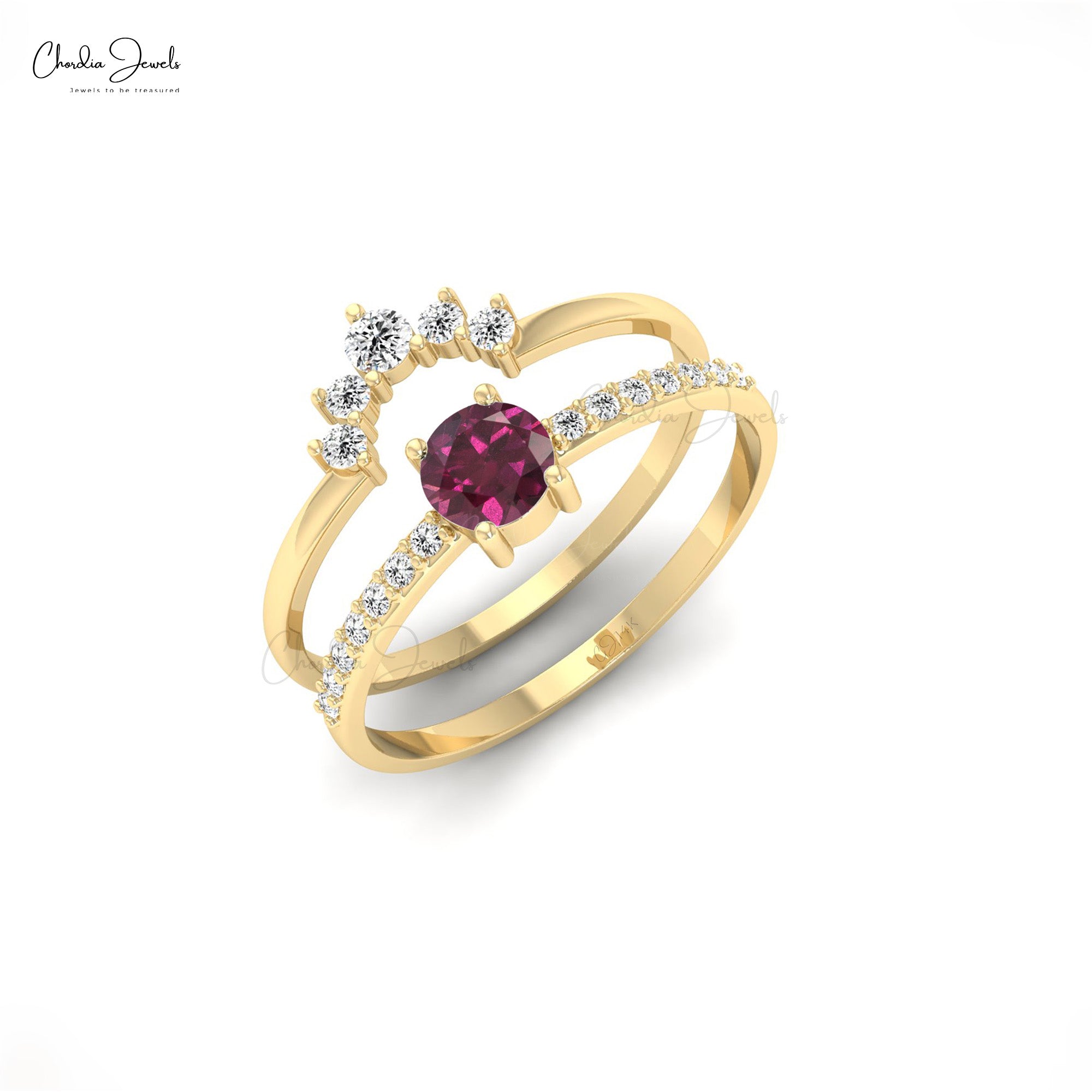 Diamond Dual Band With 4mm Brilliant Cut Rhodolite Garnet Ring In 14k Solid Gold Jewelry