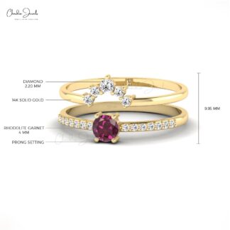 Diamond Dual Band With 4mm Brilliant Cut Rhodolite Garnet Ring In 14k Solid Gold Jewelry