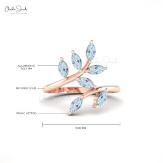 Genuine Aquamarine 0.91 Ct Marquise Seven Stone14k Solid Gold Leaf Women Ring