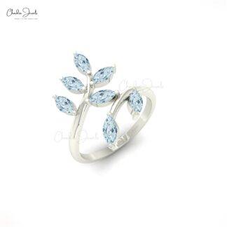 Genuine Aquamarine 0.91 Ct Marquise Seven Stone14k Solid Gold Leaf Women Ring