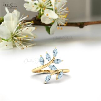 Genuine Aquamarine 0.91 Ct Marquise Seven Stone14k Solid Gold Leaf Women Ring