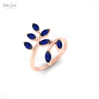 Leaf Engagement Ring In 14k Real Gold Blue Sapphire 5×2.5mm Marquise Gemstone Ring