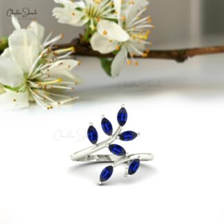 Leaf Engagement Ring In 14k Real Gold Blue Sapphire 5×2.5mm Marquise Gemstone Ring