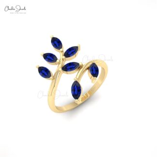 Leaf Engagement Ring In 14k Real Gold Blue Sapphire 5×2.5mm Marquise Gemstone Ring