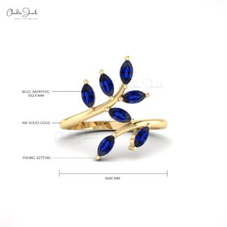 Leaf Engagement Ring In 14k Real Gold Blue Sapphire 5×2.5mm Marquise Gemstone Ring