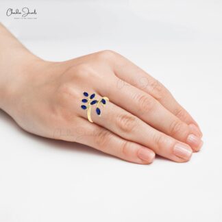 Leaf Engagement Ring In 14k Real Gold Blue Sapphire 5×2.5mm Marquise Gemstone Ring