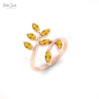 Genuine Citrine Olive Leaf Band in 14k Solid Gold Marquise 7 Stone Wedding Rings