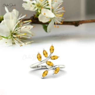 Genuine Citrine Olive Leaf Band in 14k Solid Gold Marquise 7 Stone Wedding Rings