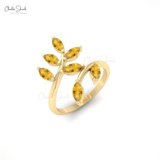 Genuine Citrine Olive Leaf Band in 14k Solid Gold Marquise 7 Stone Wedding Rings