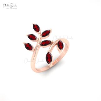 Marquise Leaf Style Ring In Real 14k Gold Red Garnet 7 Stone January Birthstone Ring